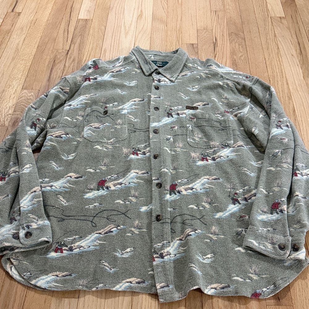 Vintage Orvis Fishing Novelty Print Button Down Long Sleeve Sz XL